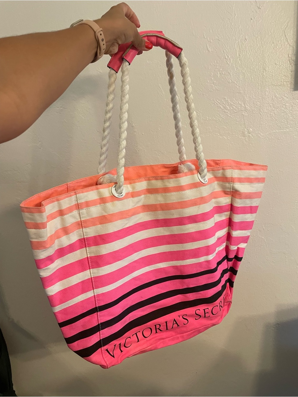 Victoria's Secret Pink and Coral Striped Canvas Tote with Rope Handles